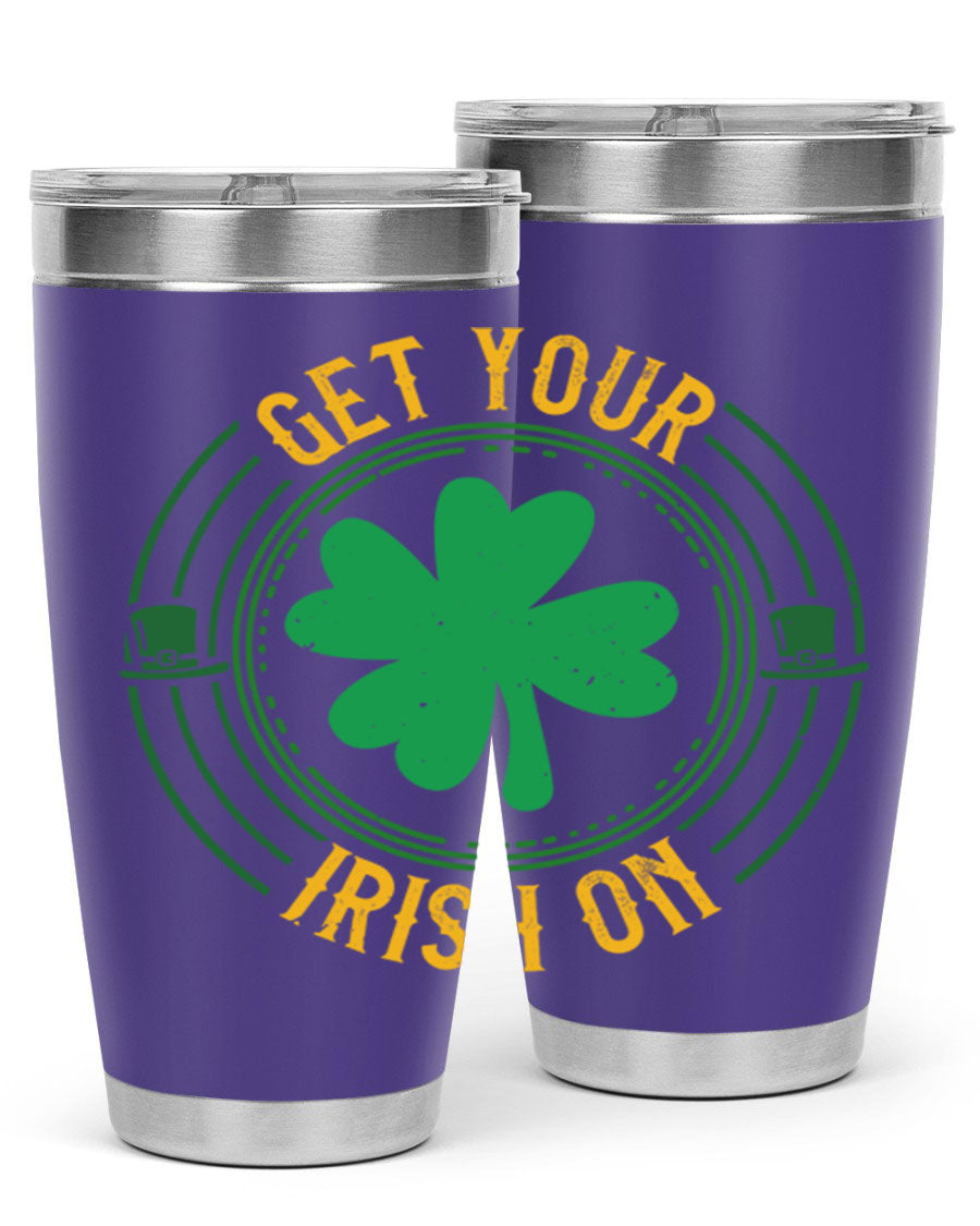 20oz stainless steel tumbler with St. Patrick's Day design, featuring a drink-thru lid and double wall vacuum insulation.