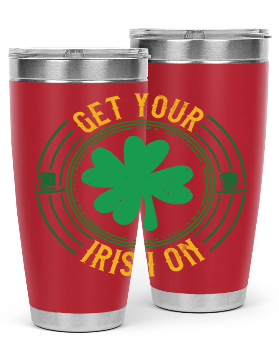 20oz stainless steel tumbler with St. Patrick's Day design, featuring a drink-thru lid and double wall vacuum insulation.