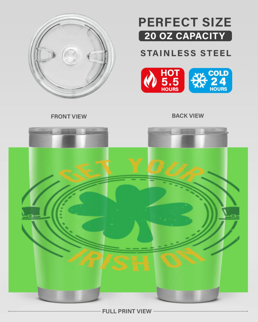 20oz stainless steel tumbler with St. Patrick's Day design, featuring a drink-thru lid and double wall vacuum insulation.