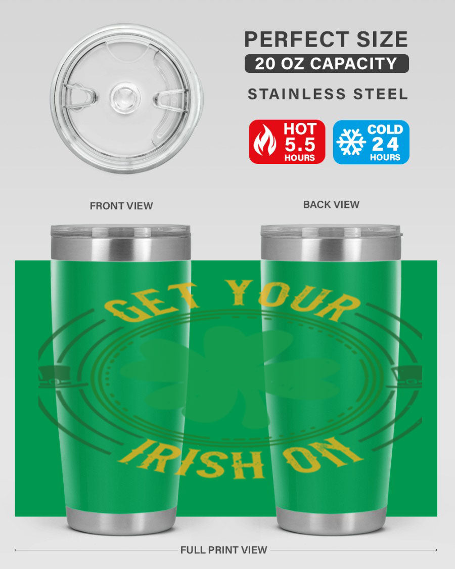 20oz stainless steel tumbler with St. Patrick's Day design, featuring a drink-thru lid and double wall vacuum insulation.