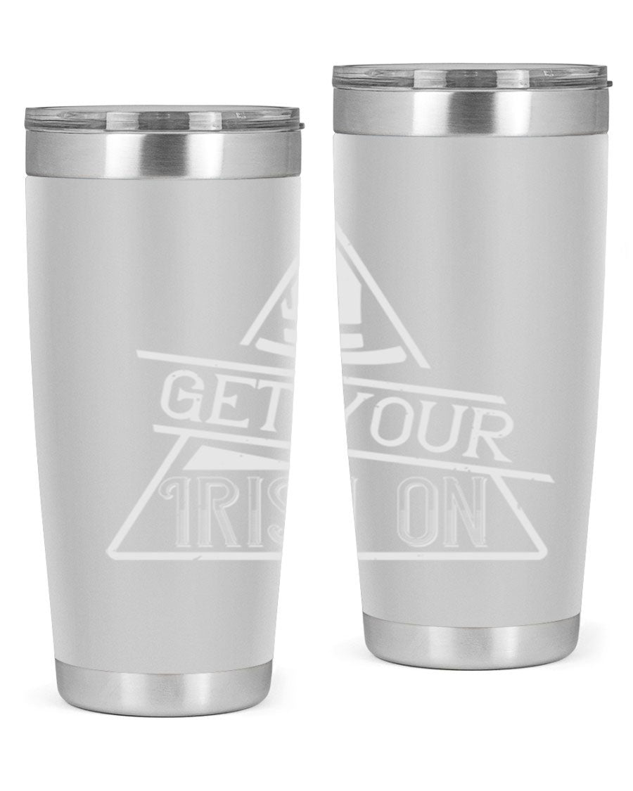 Get your Irish on Style 137# 20oz tumbler featuring a vibrant St. Patrick's Day design, made of stainless steel with a drink-thru lid.