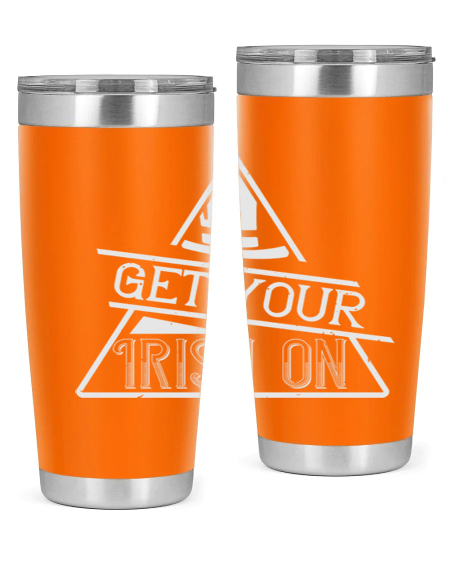 Get your Irish on Style 137# 20oz tumbler featuring a vibrant St. Patrick's Day design, made of stainless steel with a drink-thru lid.