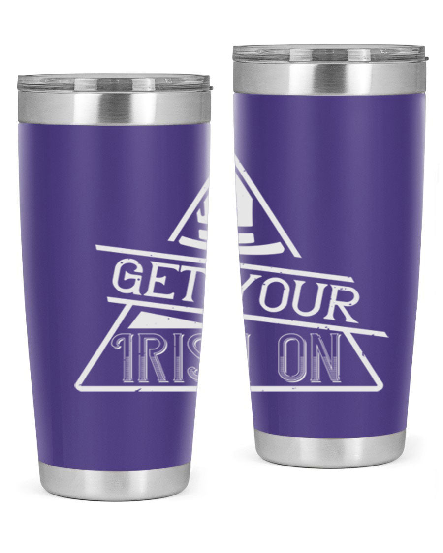 Get your Irish on Style 137# 20oz tumbler featuring a vibrant St. Patrick's Day design, made of stainless steel with a drink-thru lid.