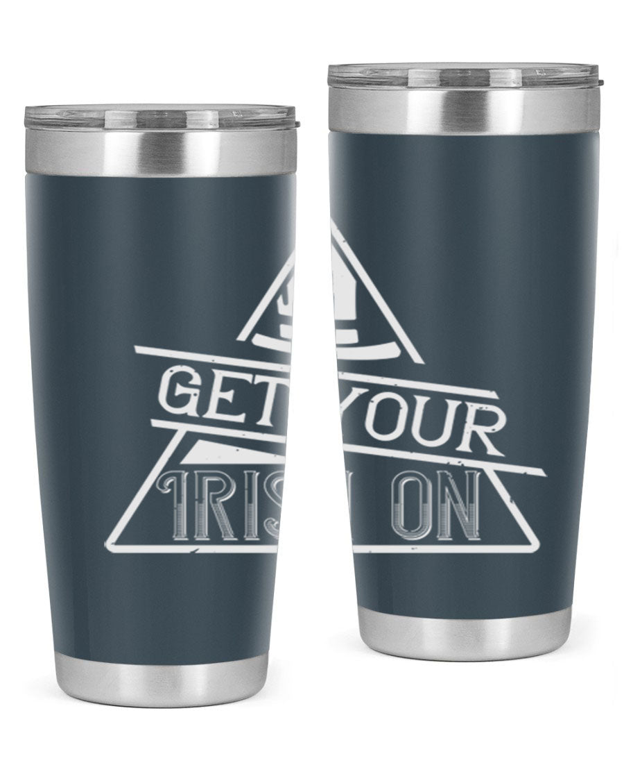 Get your Irish on Style 137# 20oz tumbler featuring a vibrant St. Patrick's Day design, made of stainless steel with a drink-thru lid.