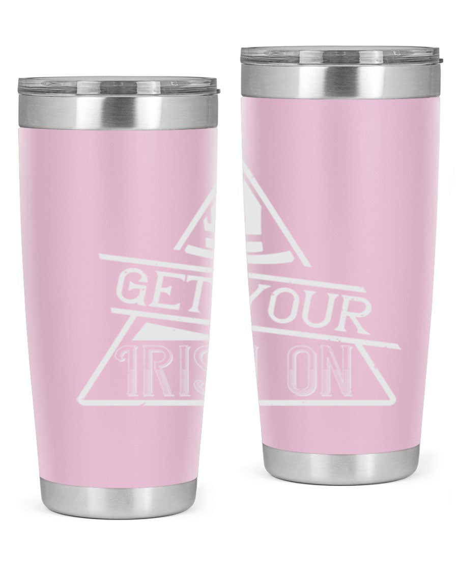 Get your Irish on Style 137# 20oz tumbler featuring a vibrant St. Patrick's Day design, made of stainless steel with a drink-thru lid.