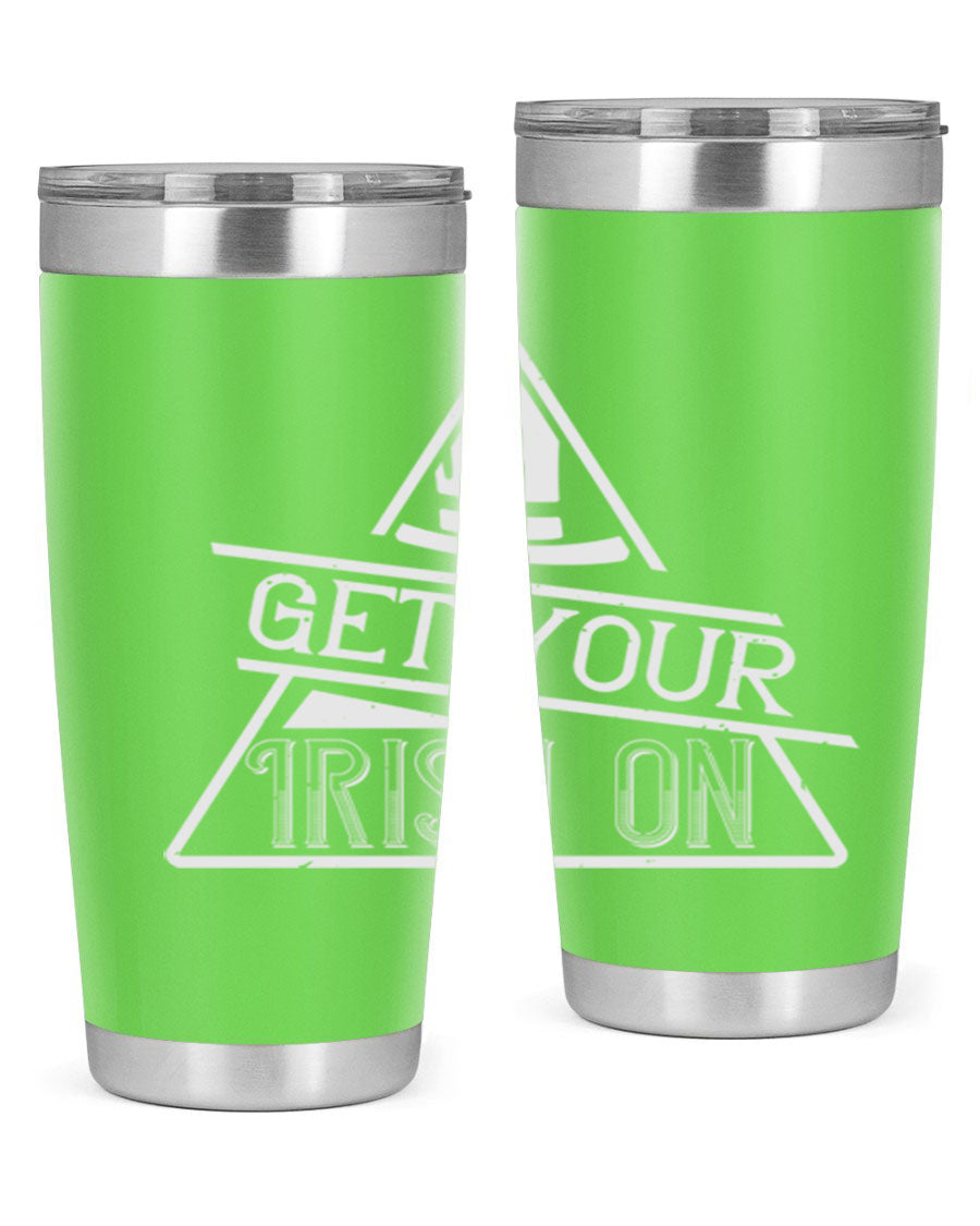 Get your Irish on Style 137# 20oz tumbler featuring a vibrant St. Patrick's Day design, made of stainless steel with a drink-thru lid.