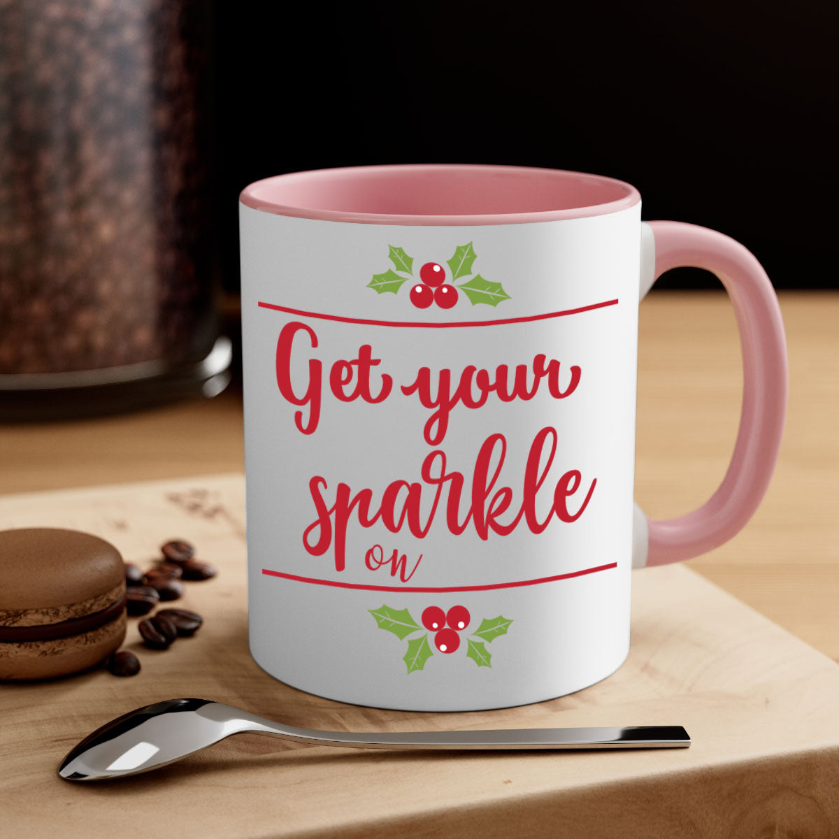 Get Your Sparkle On Style 231# Christmas Mug with a glossy finish, featuring a colored handle and interior, available in multiple colors.