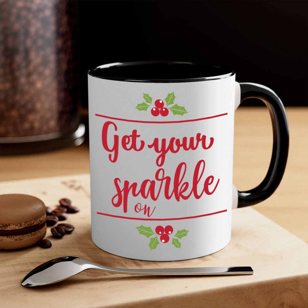 Get Your Sparkle On Style 231# Christmas Mug with a glossy finish, featuring a colored handle and interior, available in multiple colors.