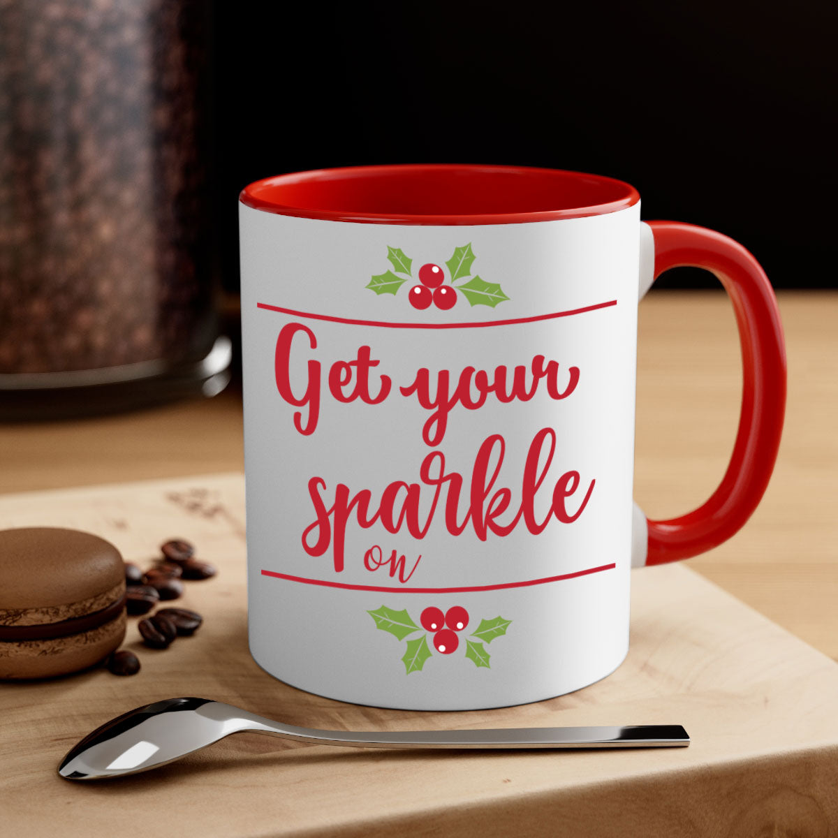 Get Your Sparkle On Style 231# Christmas Mug with a glossy finish, featuring a colored handle and interior, available in multiple colors.