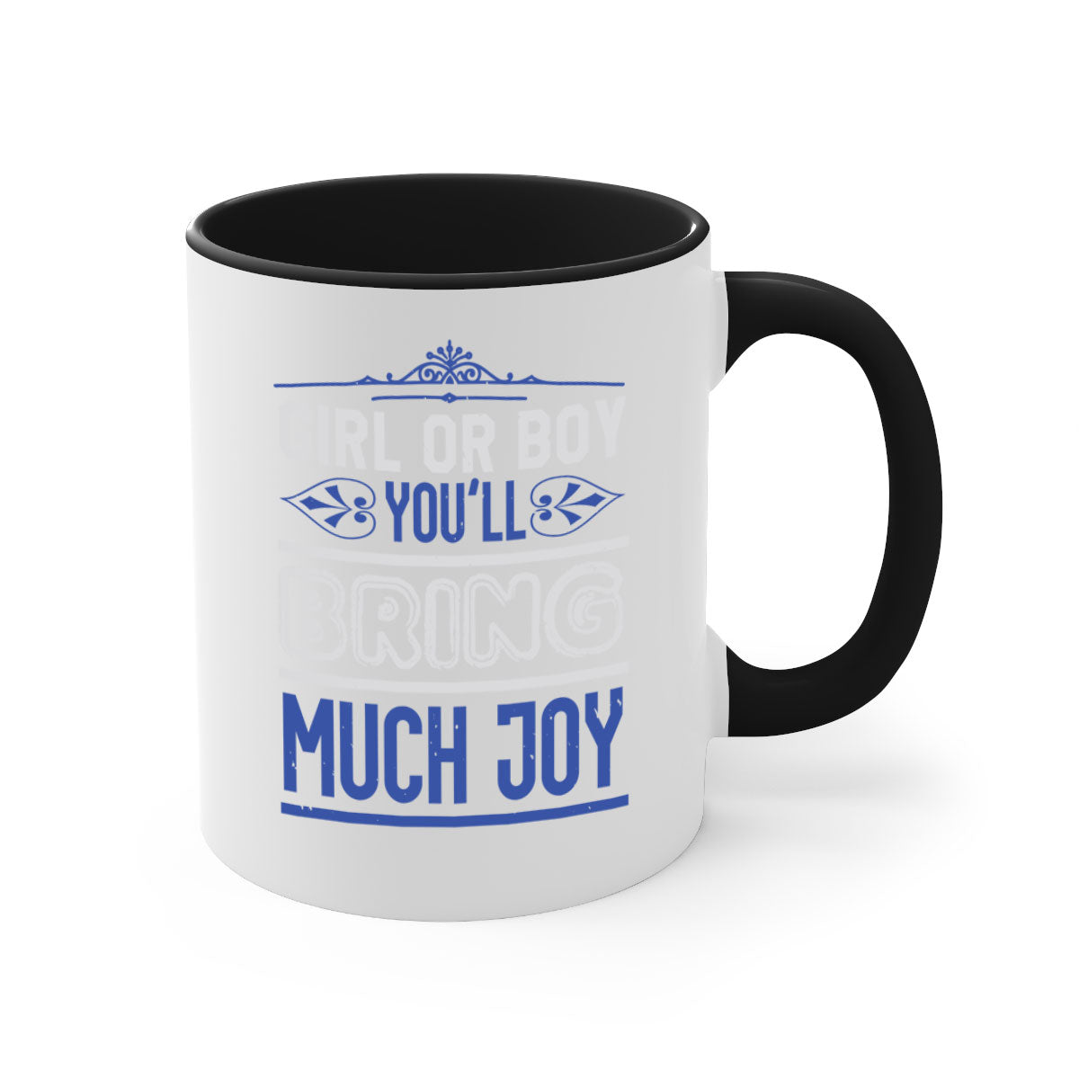 Two-tone ceramic mug with colorful handle and interior, featuring the text 'Gilr or boy you bring much joy' for baby showers.