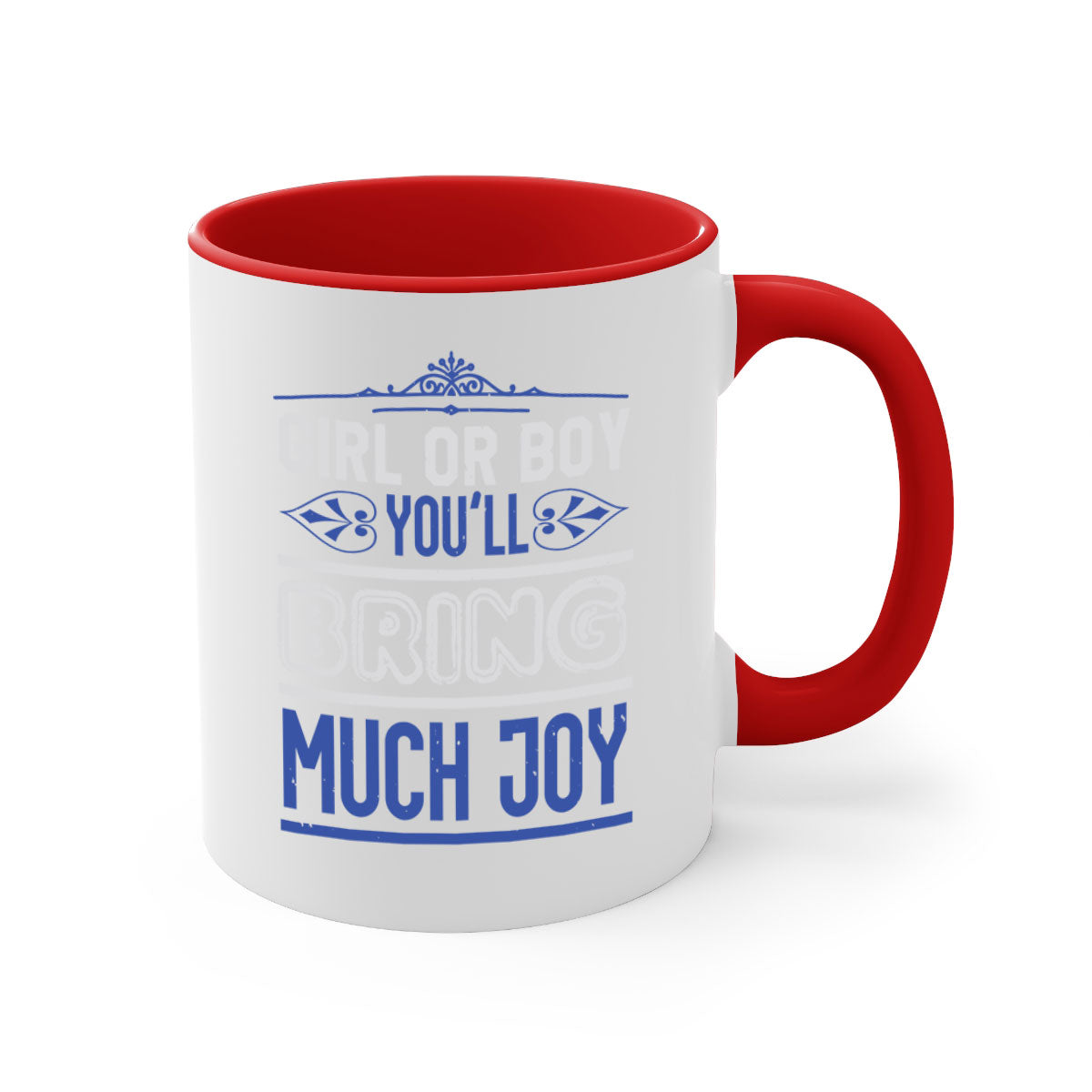 Two-tone ceramic mug with colorful handle and interior, featuring the text 'Gilr or boy you bring much joy' for baby showers.