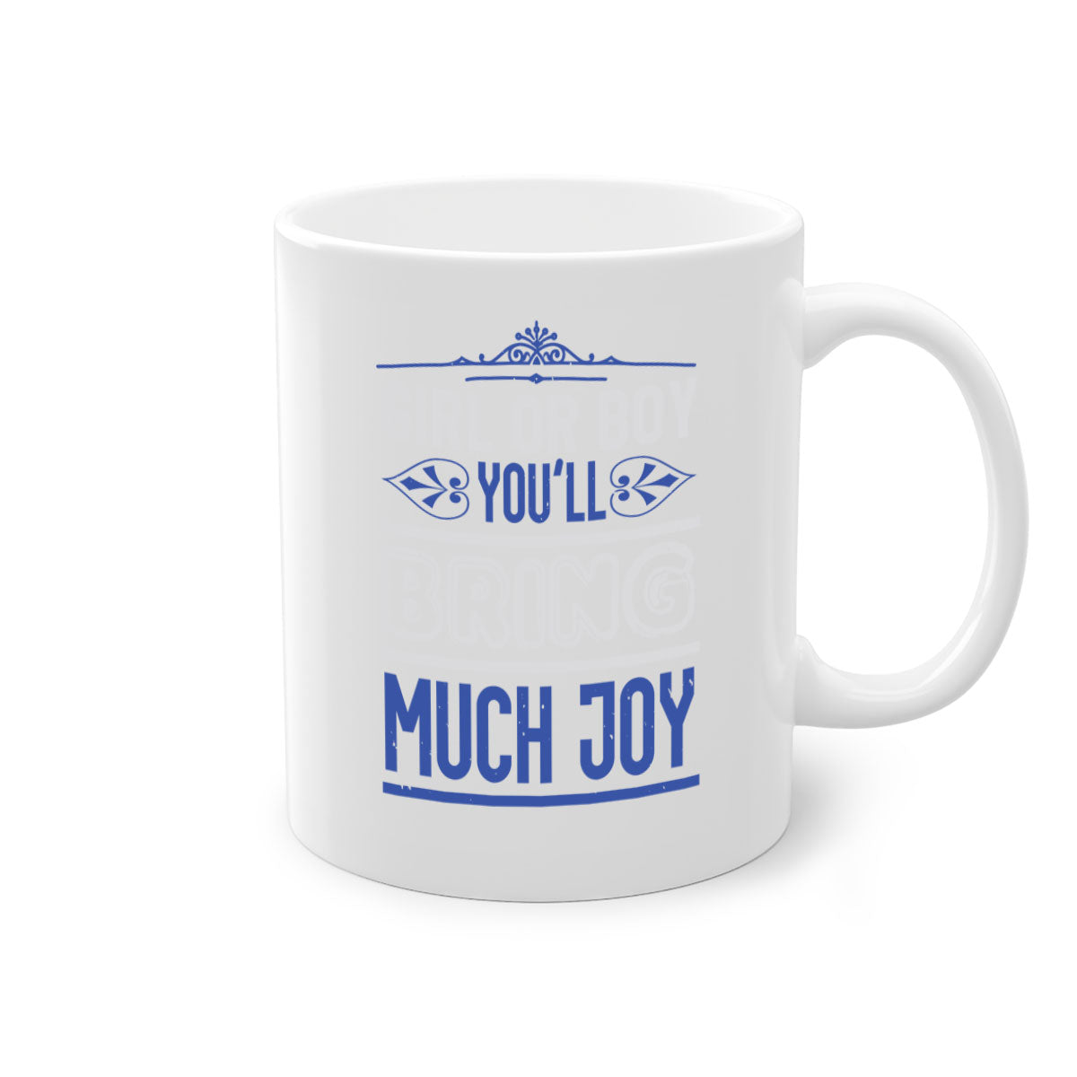 Two-tone ceramic mug with colorful handle and interior, featuring the text 'Gilr or boy you bring much joy' for baby showers.