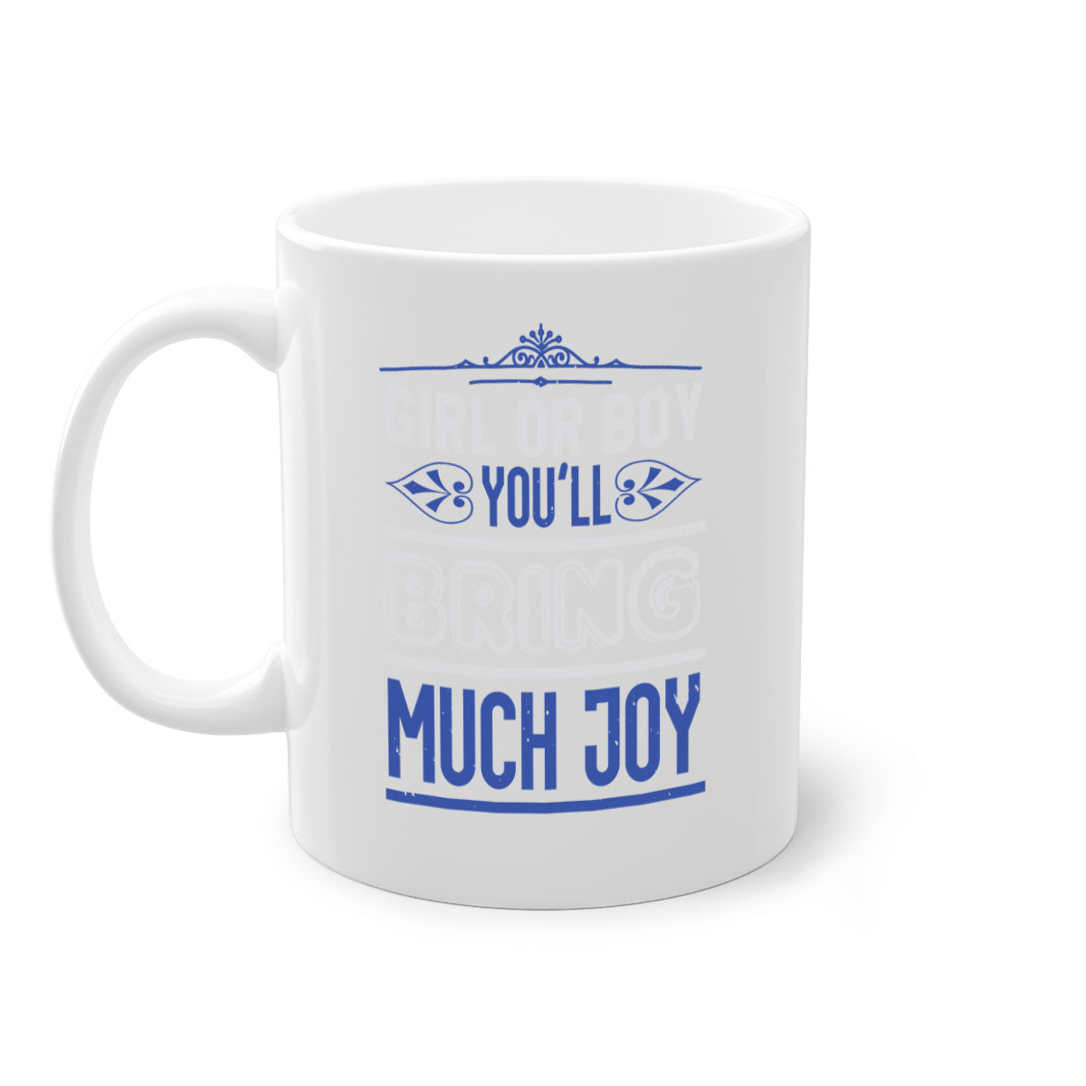 Two-tone ceramic mug with colorful handle and interior, featuring the text 'Gilr or boy you bring much joy' for baby showers.