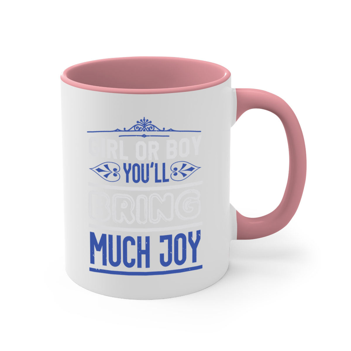 Two-tone ceramic mug with colorful handle and interior, featuring the text 'Gilr or boy you bring much joy' for baby showers.
