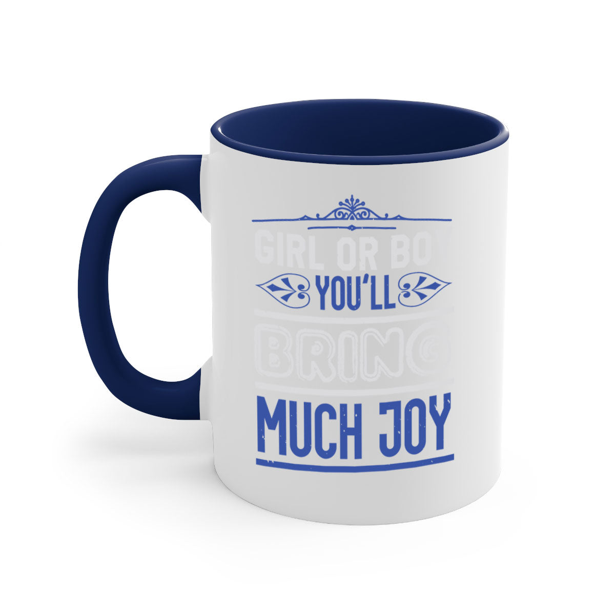 Two-tone ceramic mug with colorful handle and interior, featuring the text 'Gilr or boy you bring much joy' for baby showers.