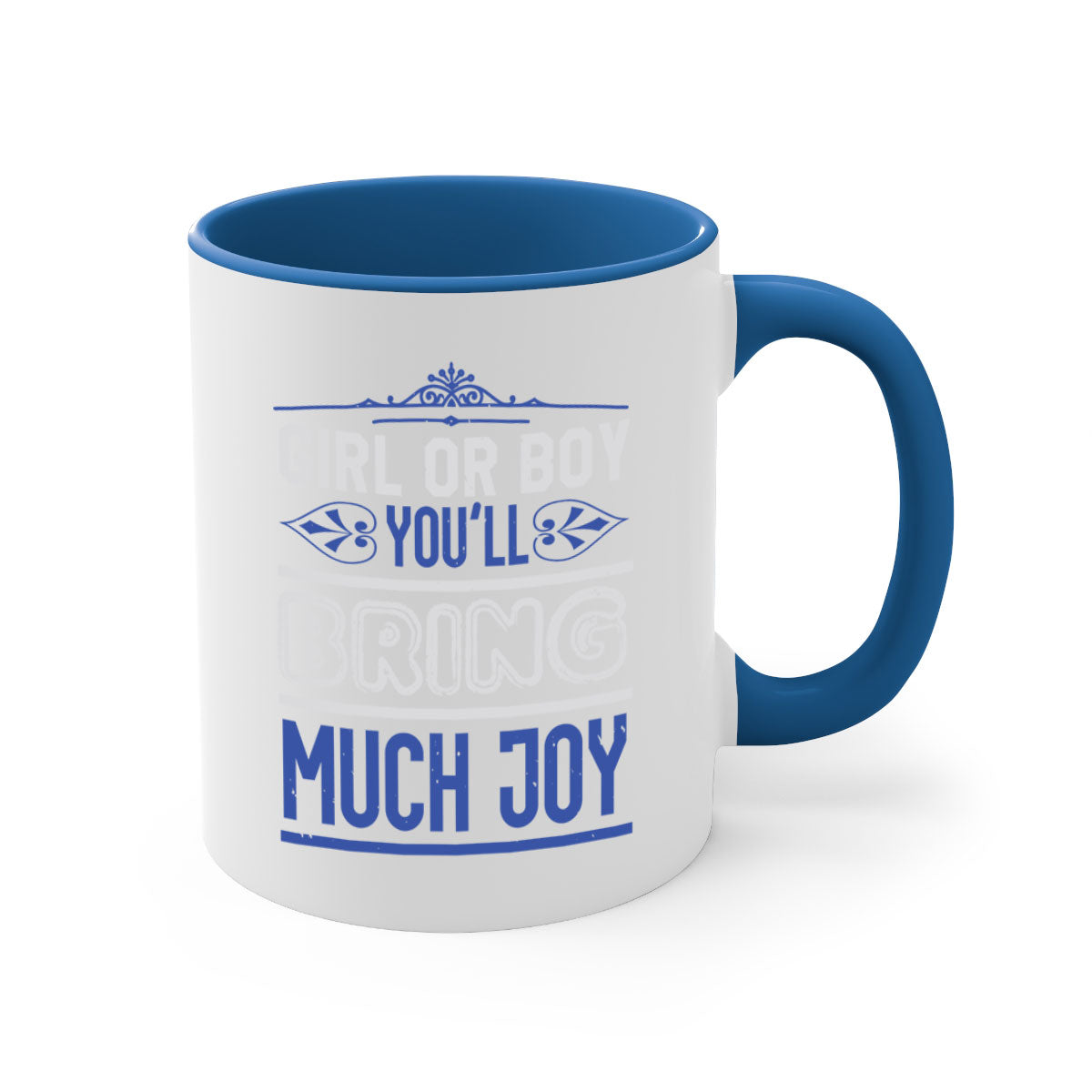 Two-tone ceramic mug with colorful handle and interior, featuring the text 'Gilr or boy you bring much joy' for baby showers.