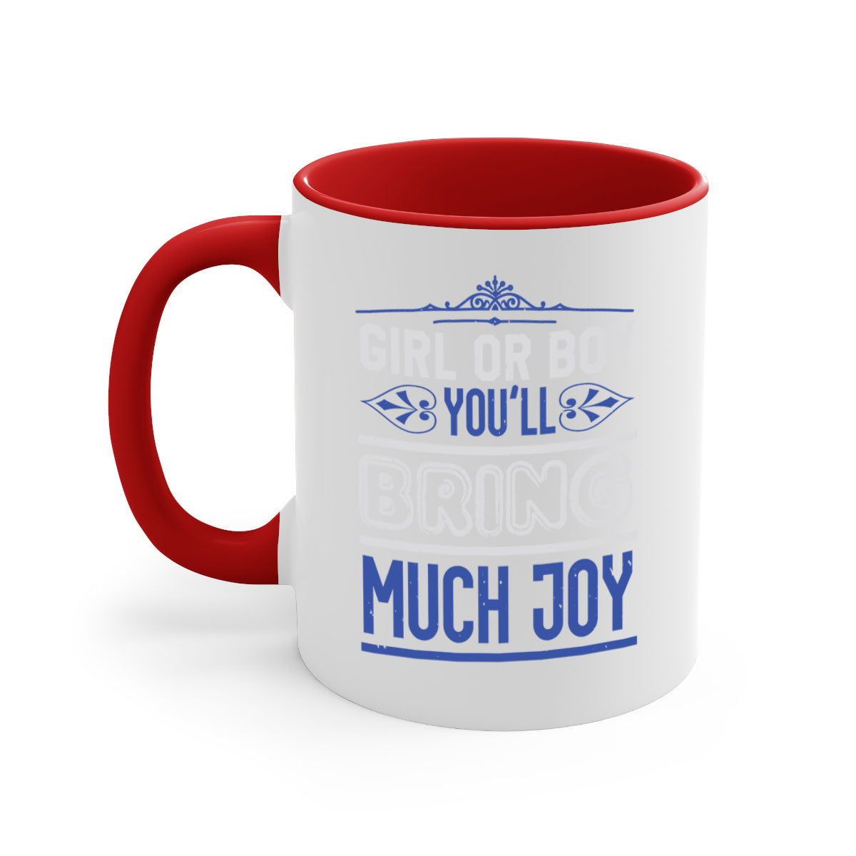 Two-tone ceramic mug with colorful handle and interior, featuring the text 'Gilr or boy you bring much joy' for baby showers.
