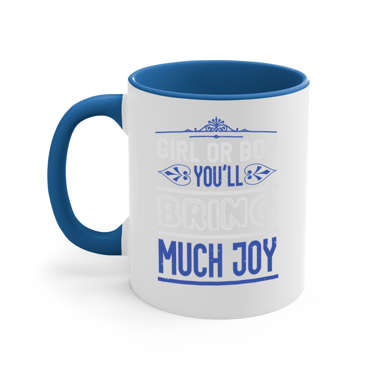 Two-tone ceramic mug with colorful handle and interior, featuring the text 'Gilr or boy you bring much joy' for baby showers.