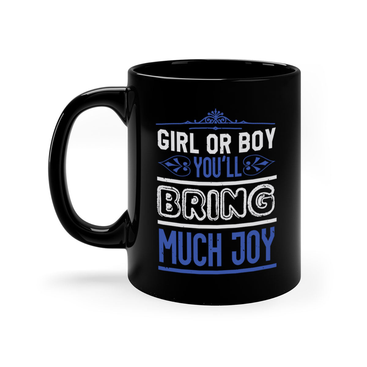 Two-tone ceramic mug with colorful handle and interior, featuring the text 'Gilr or boy you bring much joy' for baby showers.