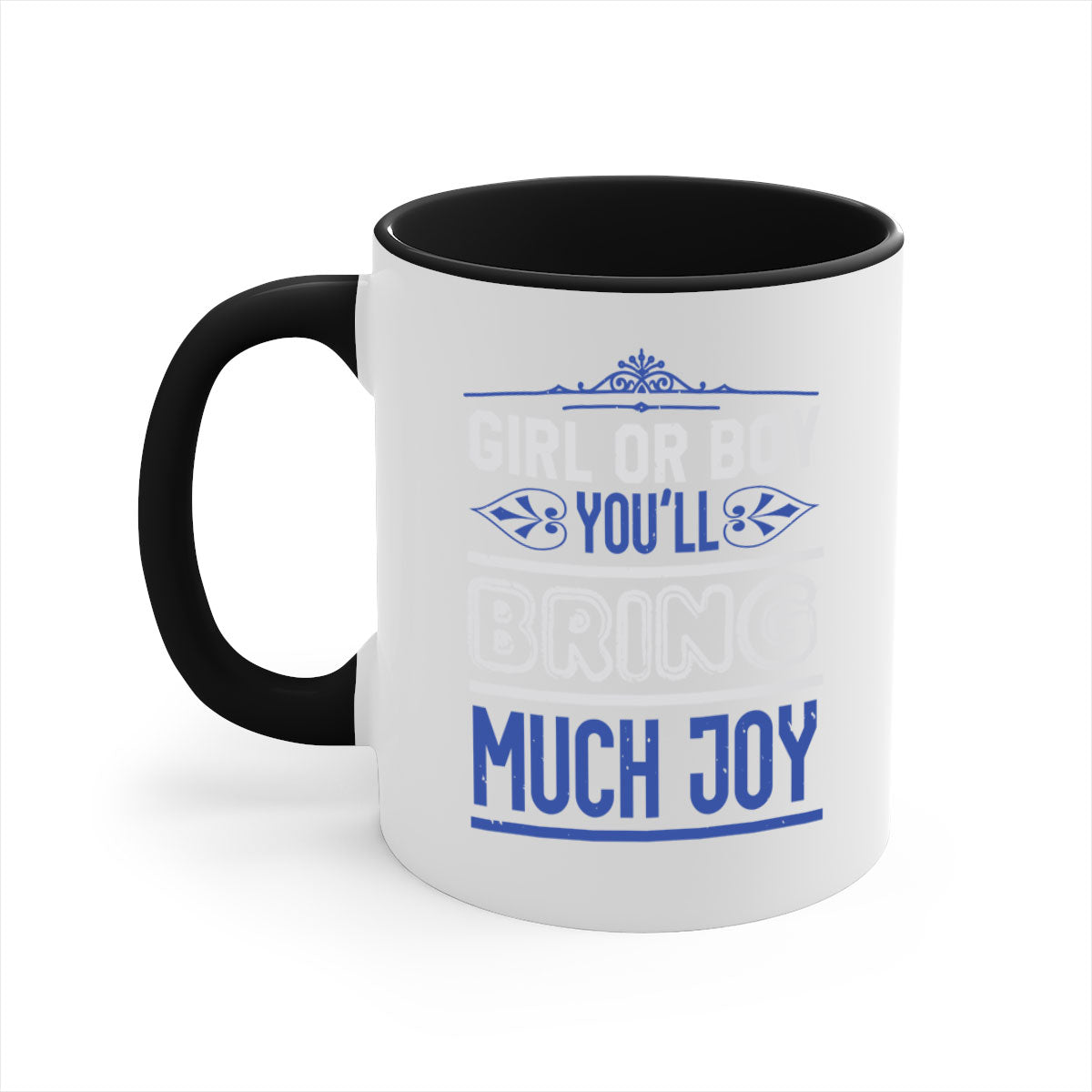 Two-tone ceramic mug with colorful handle and interior, featuring the text 'Gilr or boy you bring much joy' for baby showers.