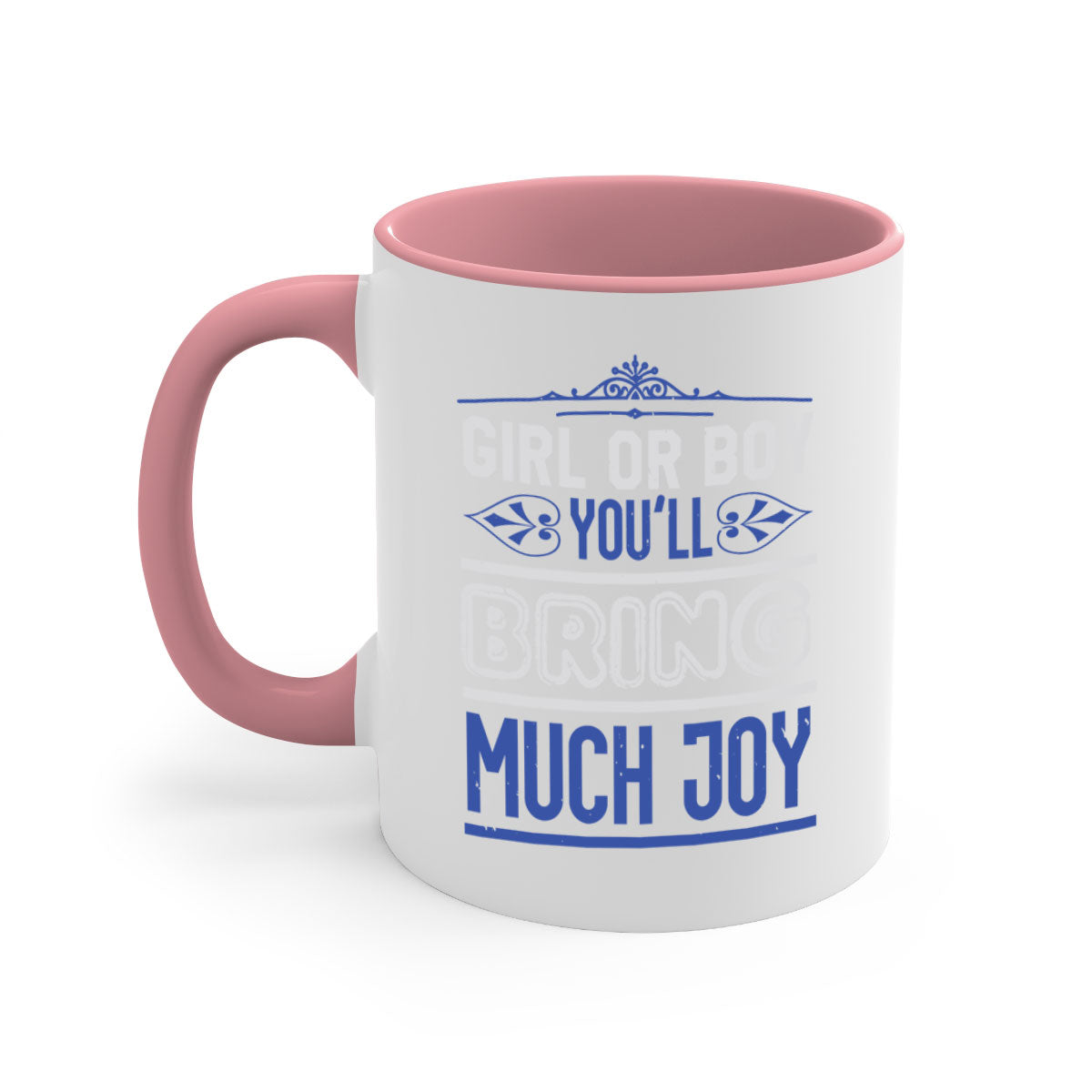 Two-tone ceramic mug with colorful handle and interior, featuring the text 'Gilr or boy you bring much joy' for baby showers.