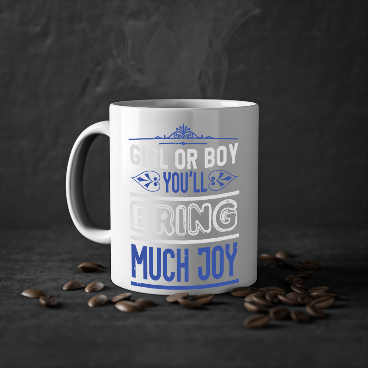 Two-tone ceramic mug with colorful handle and interior, featuring the text 'Gilr or boy you bring much joy' for baby showers.