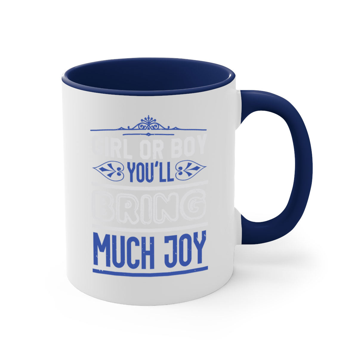 Two-tone ceramic mug with colorful handle and interior, featuring the text 'Gilr or boy you bring much joy' for baby showers.