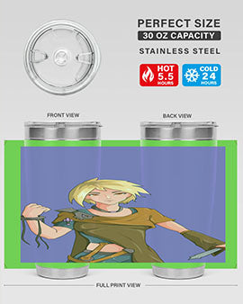 Girl holding a knife-themed 12oz anime tumbler, showcasing vibrant design and stainless steel construction.