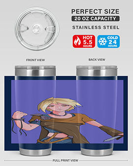 Girl holding a knife-themed 12oz anime tumbler, showcasing vibrant design and stainless steel construction.