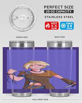 Girl holding a knife-themed 12oz anime tumbler, showcasing vibrant design and stainless steel construction.