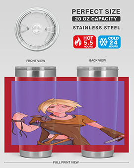 Girl holding a knife-themed 12oz anime tumbler, showcasing vibrant design and stainless steel construction.