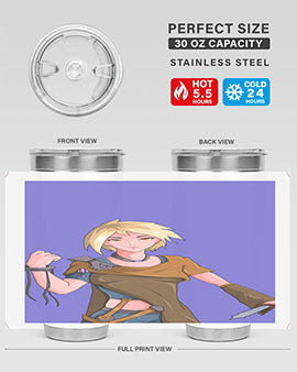 Girl holding a knife-themed 12oz anime tumbler, showcasing vibrant design and stainless steel construction.