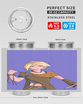 Girl holding a knife-themed 12oz anime tumbler, showcasing vibrant design and stainless steel construction.