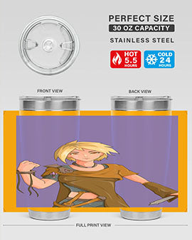 Girl holding a knife-themed 12oz anime tumbler, showcasing vibrant design and stainless steel construction.