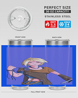 Girl holding a knife-themed 12oz anime tumbler, showcasing vibrant design and stainless steel construction.