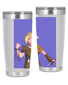 Girl holding a knife-themed 12oz anime tumbler, showcasing vibrant design and stainless steel construction.