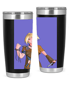 Girl holding a knife-themed 12oz anime tumbler, showcasing vibrant design and stainless steel construction.
