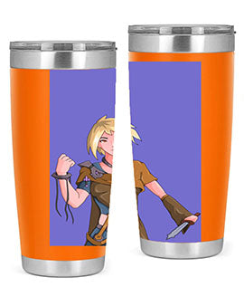 Girl holding a knife-themed 12oz anime tumbler, showcasing vibrant design and stainless steel construction.