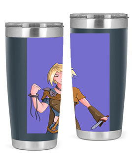 Girl holding a knife-themed 12oz anime tumbler, showcasing vibrant design and stainless steel construction.