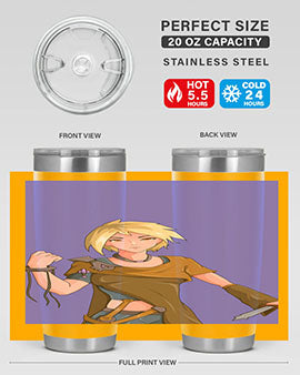 Girl holding a knife-themed 12oz anime tumbler, showcasing vibrant design and stainless steel construction.