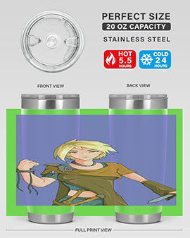 Girl holding a knife-themed 12oz anime tumbler, showcasing vibrant design and stainless steel construction.