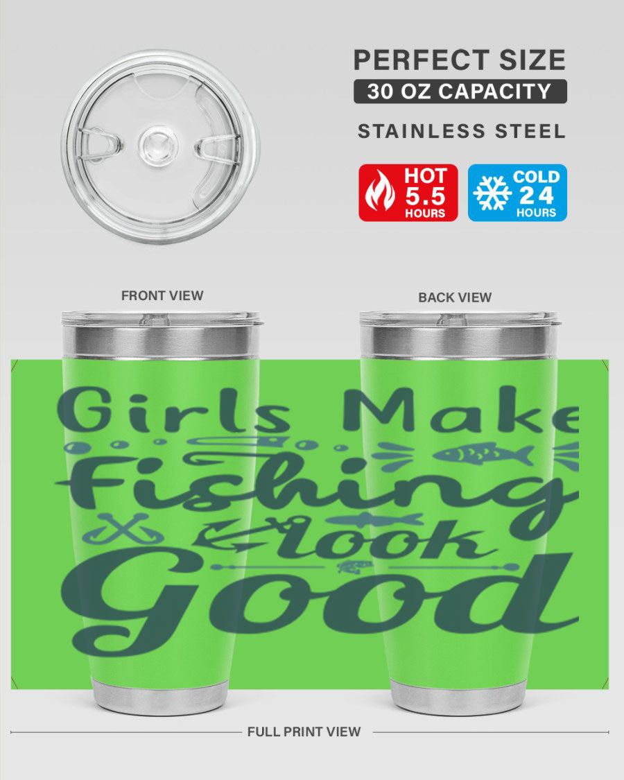 A stylish girl makes fishing 132# tumbler in stainless steel with a drink-thru lid, perfect for keeping beverages hot or cold.