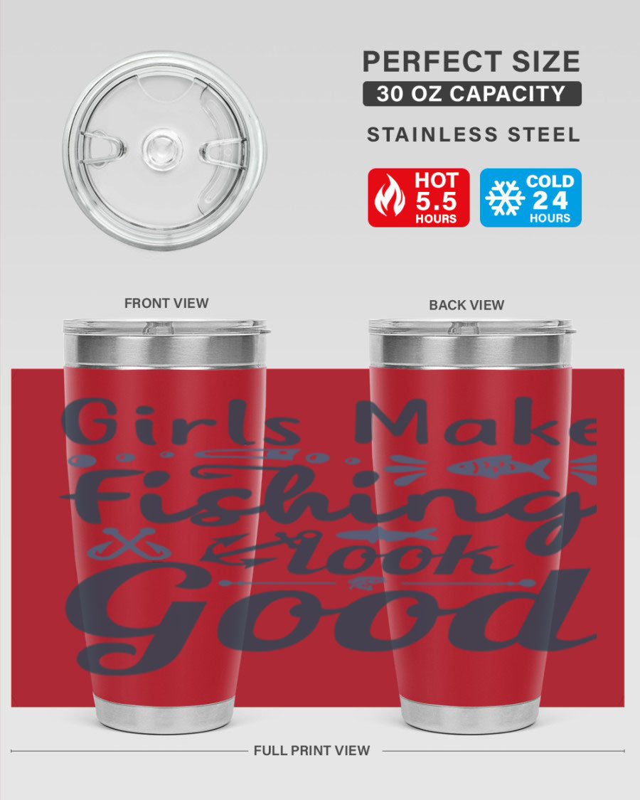 A stylish girl makes fishing 132# tumbler in stainless steel with a drink-thru lid, perfect for keeping beverages hot or cold.