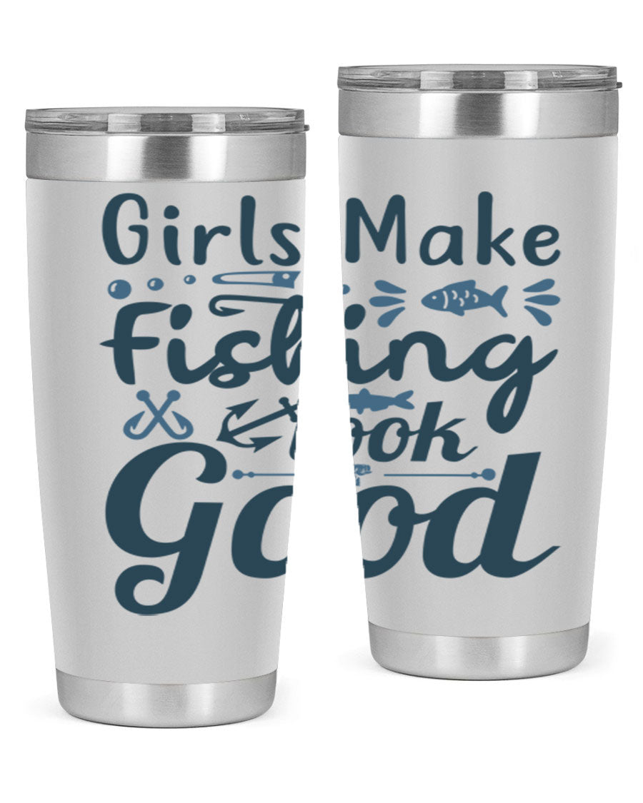 A stylish girl makes fishing 132# tumbler in stainless steel with a drink-thru lid, perfect for keeping beverages hot or cold.