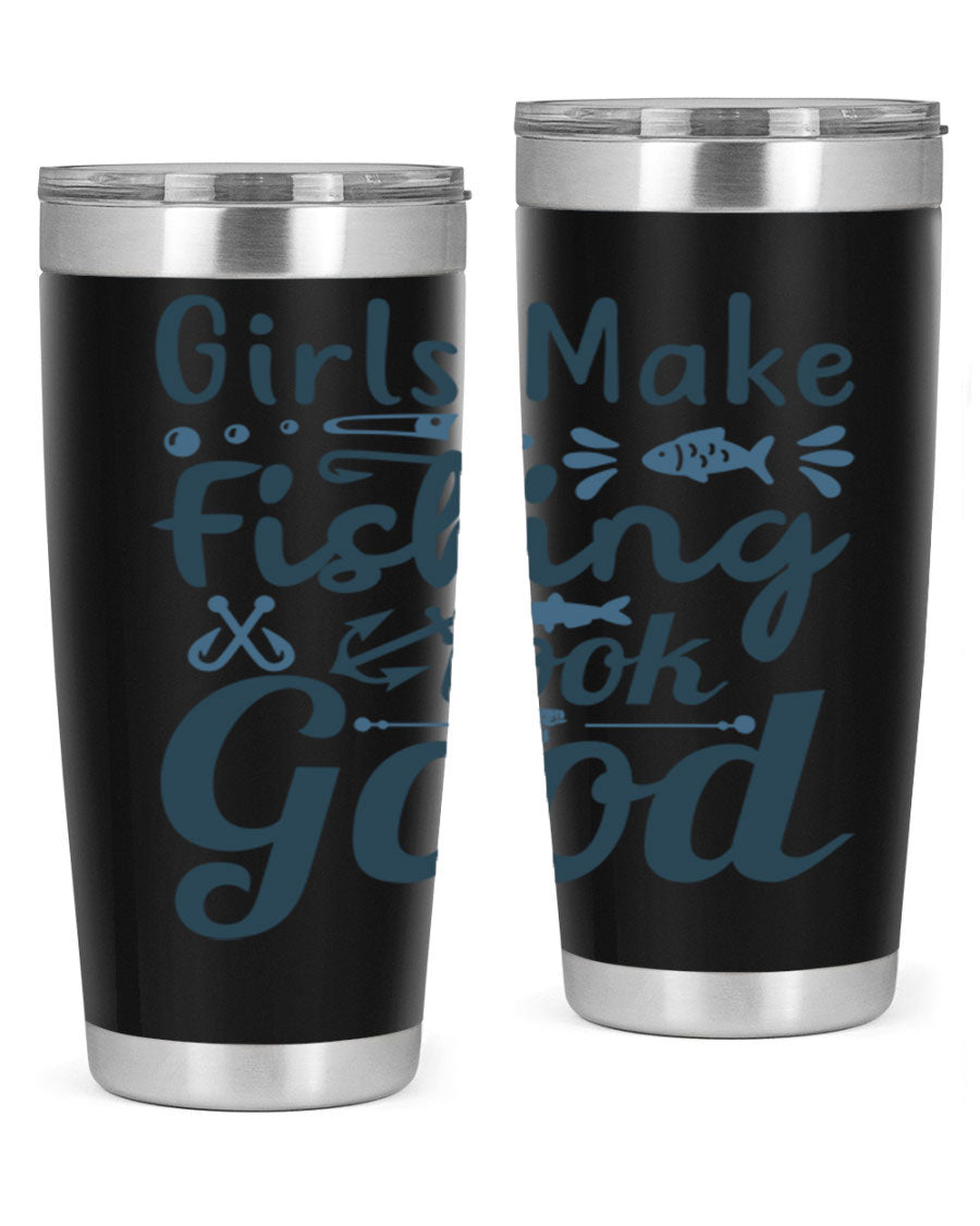 A stylish girl makes fishing 132# tumbler in stainless steel with a drink-thru lid, perfect for keeping beverages hot or cold.
