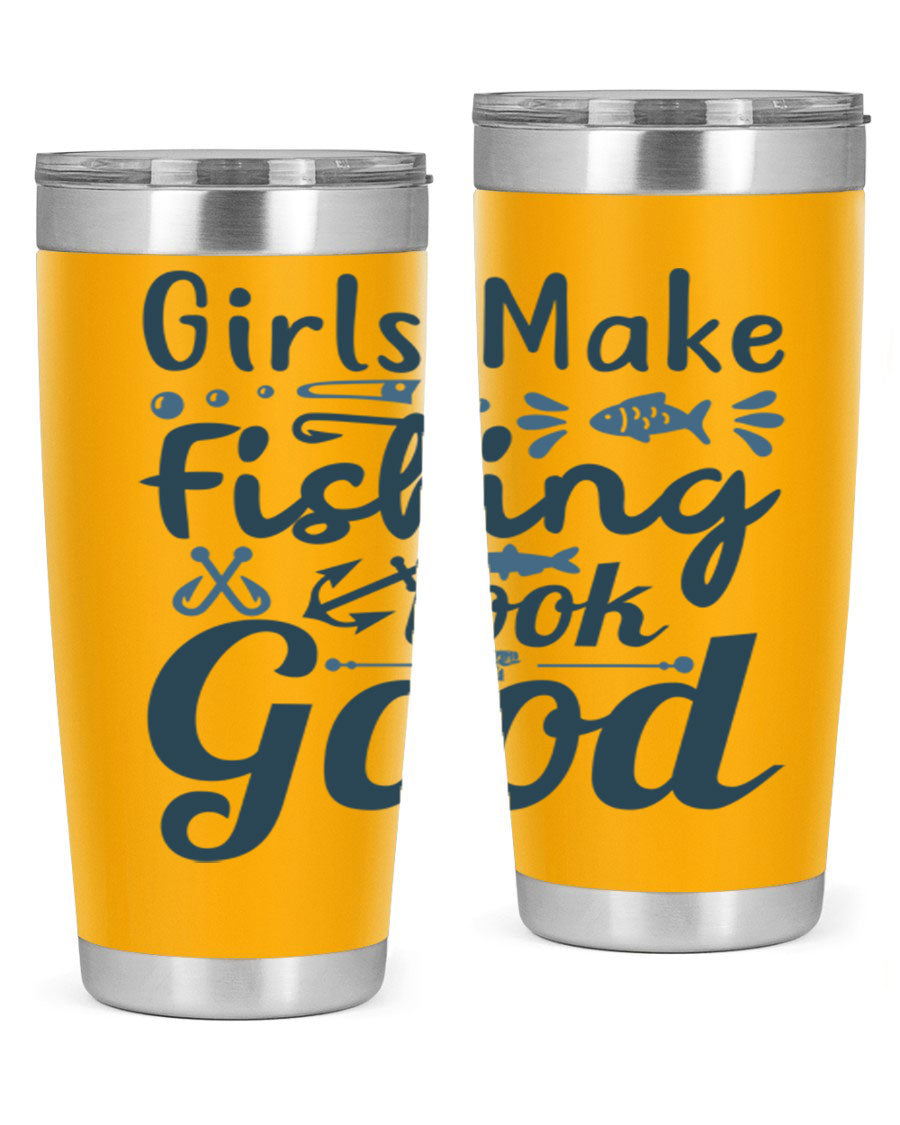 A stylish girl makes fishing 132# tumbler in stainless steel with a drink-thru lid, perfect for keeping beverages hot or cold.