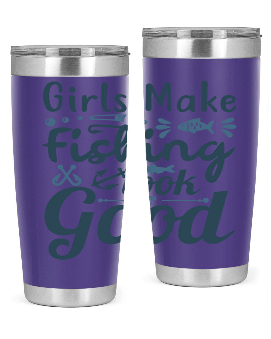 A stylish girl makes fishing 132# tumbler in stainless steel with a drink-thru lid, perfect for keeping beverages hot or cold.