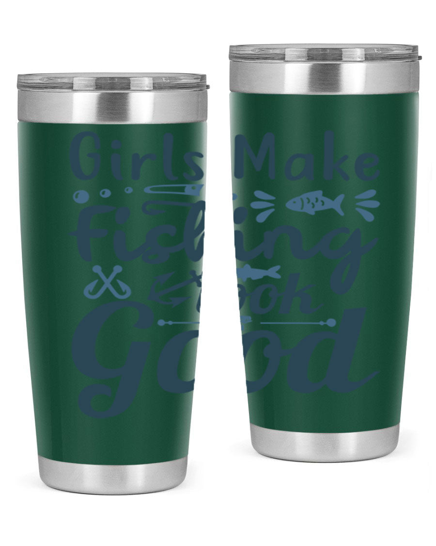 A stylish girl makes fishing 132# tumbler in stainless steel with a drink-thru lid, perfect for keeping beverages hot or cold.