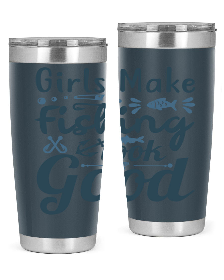 A stylish girl makes fishing 132# tumbler in stainless steel with a drink-thru lid, perfect for keeping beverages hot or cold.