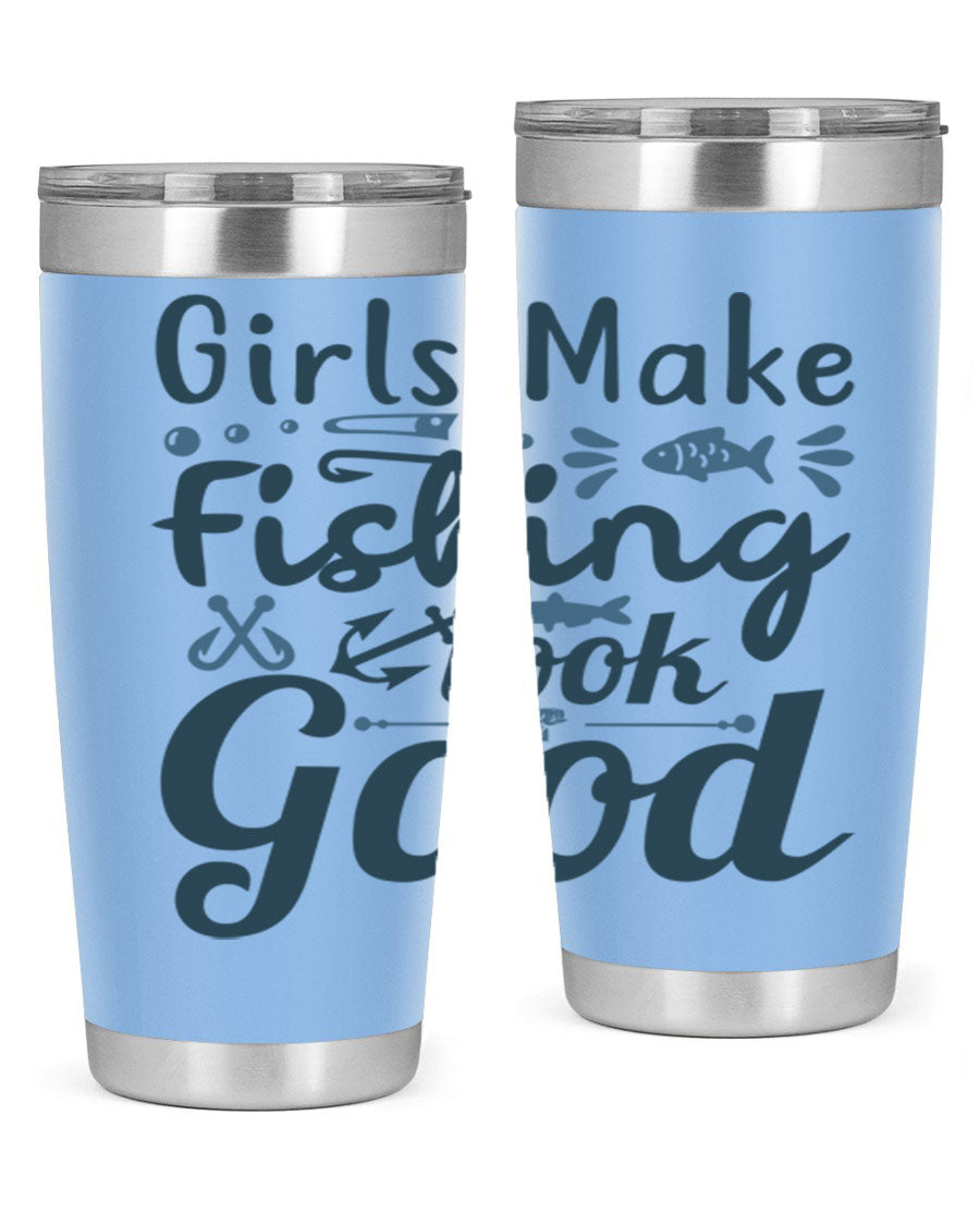 A stylish girl makes fishing 132# tumbler in stainless steel with a drink-thru lid, perfect for keeping beverages hot or cold.